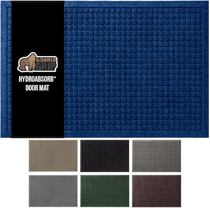 GORILLA GRIP Front Door Mat, 35x23, Indoor Outdoor Ultra Absorbent HydroAbsorb Doormat, Absorbs Up to 5.7 Cups of Water, Stain and Fade Resistant, Rubber Backing Doormats, Captures Dirt, Blue
