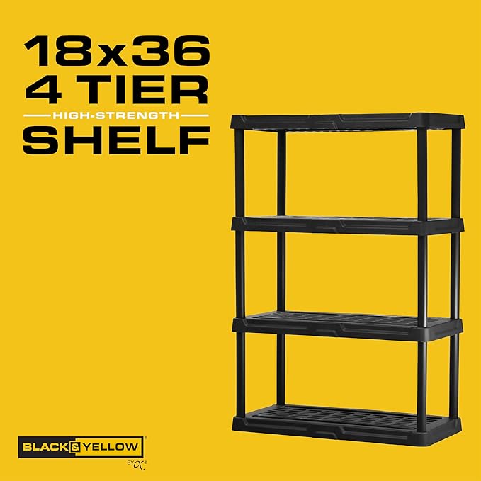CX 4-Tier (53”H x 36”W x 18”D) Plastic Storage Shelving Unit (Black), Heavy Duty, 150lbs Per Shelf Capacity, Indoor/Outdoor Storage and Organization in Home, Garage, Office with Easy Assembly