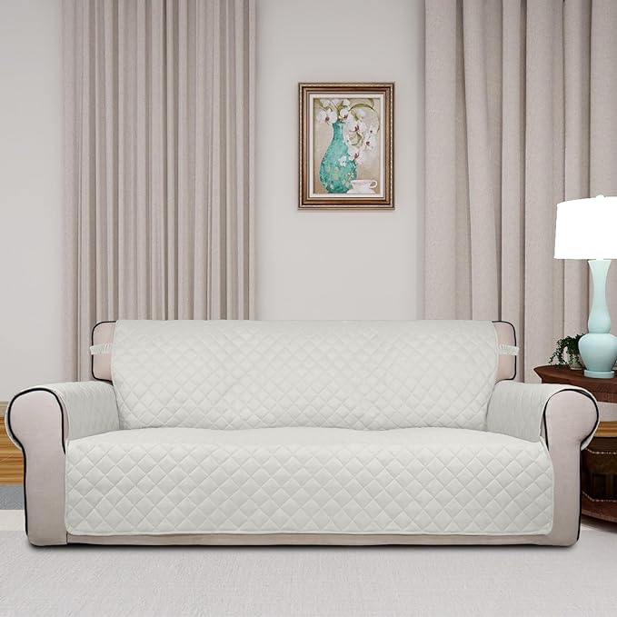 PureFit Reversible Quilted Sofa Cover, Water Resistant Slipcover Furniture Protector, Washable Couch Cover with Non Slip and Elastic Straps for Kids, Dogs, Pets (Sofa, Ivory/Ivory)