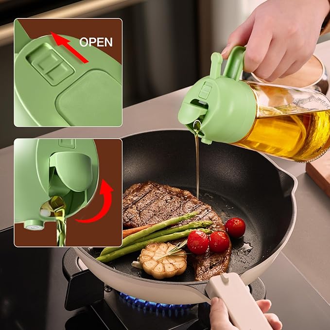 YARRAMATE 2Pcs 16oz/470ml 2 in 1 Oil Sprayer for Cooking with Stickers, Food-grade Glass Oil Spray Bottle, Oil Dispenser and Oil Sprayer for Kitchen, Salad, Frying, BBQ (White & Green)
