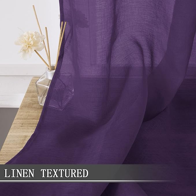 Tollpiz Short Sheer Curtain Linen Textured Living Room Curtains Sheer Light Filtering Rod Pocket Voile Curtain for Bedroom, 42 x 54 inches Long, Royal Purple, Set of 2 Panels