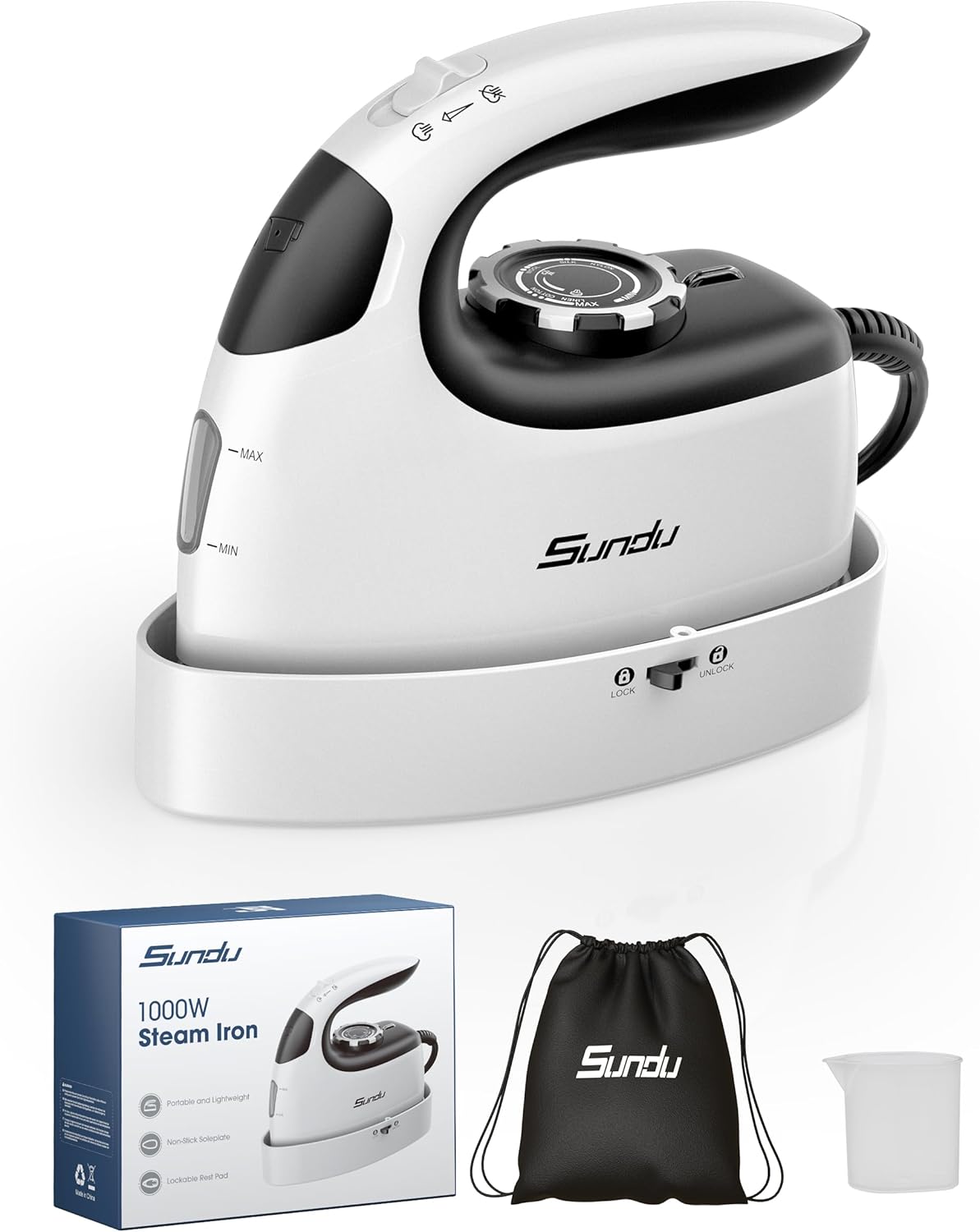 Sundu Mini Steam Iron, Mini Travel Steam Iron, Small Portable Clothes Mini Iron with Rotary Temperature Control, Safety Base for Travel, Quilting & Sewing | Mini Iron for Sewing, White