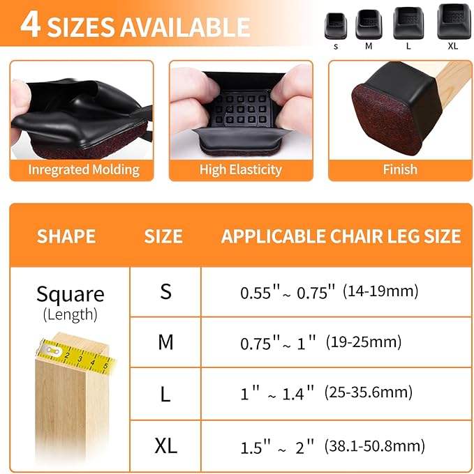 Ezprotekt 24 Pcs Extra Small Square Chair Leg Floor Protectors, Silicone Felt Furniture Pads, Dining Table Leg Caps Covers Protectors for Hardwood Floors No Scratches (S Fit: 0.55" - 0.75", Black)