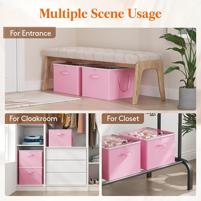 Lifewit Shoe Storage Organizer for Closet Fits 12-16 Pairs, Fabric Large Shoe Box Storage Containers with Clear Cover, Foldable Bins Fit for Boots Heels Sneakers 17"(L) x 17"(W) x 12.5"(H) 3 Pack Pink