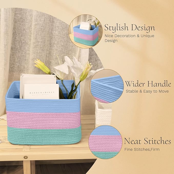 Hopegiver Woven Storage Baskets 15x11x10 Inch, 3 Pack Collapsible Cube Storage Bin for Shelves - Foldable Cotton Rope Organizer Bins for Towels, Toys, Books, Closet, Nursery (Blue Pink Green)