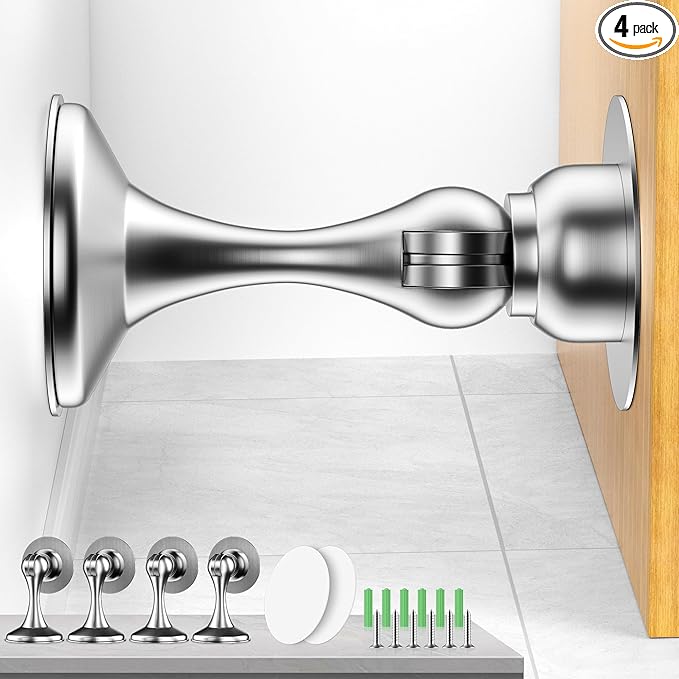 Crosize Magnetic Door Stoppers 4 Pack, Stainless Steel Door Catch for Wall and Floor Mounting, Door Holder Keep Door Open, No Drilling Door Stop with Adhesive Tapes, Silver