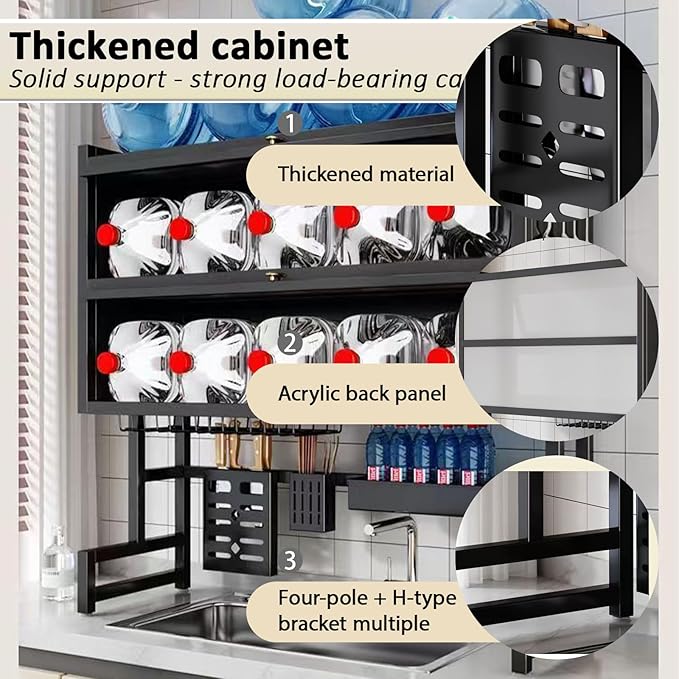 Dish Drying Rack 4 Tiers with Cover, Keep Kitchen Sink Shlef Organized Space-Saving, Large Drying Rack for Dishes, Glasses, Bowls, Cutlery black W-41.3in