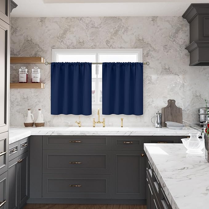 BGment Navy Blue Blackout Curtains for Short Window 34 x 45 Inch - Short Thermal Insulated Drapes with Rod Pocket Small Blinds for Kitchen Rv Camper Bathroom Window, 2 Panels