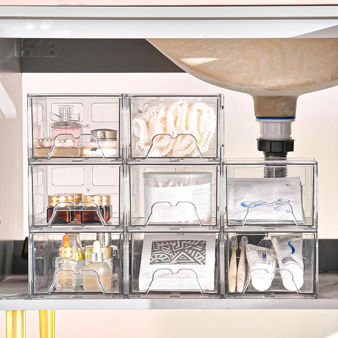 Plastic Drawers Storage, 4 Pack Clear Stackable Storage Drawers, Acrylic Storage Bins with Drawers for Fridge Organizers, Small PlasticDrawers Stackable for Makeup Organizers Cosmetic Display
