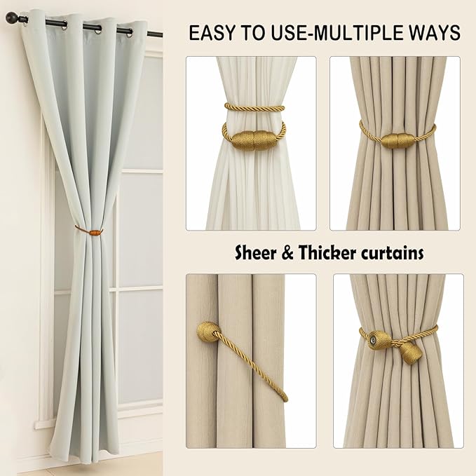 Magnetic Curtain Tiebacks Rope Curtain Tie Backs for Curtains 2 Pack Curtain Holders for Drapes Decorative Window Curtain Holdbacks, Gold