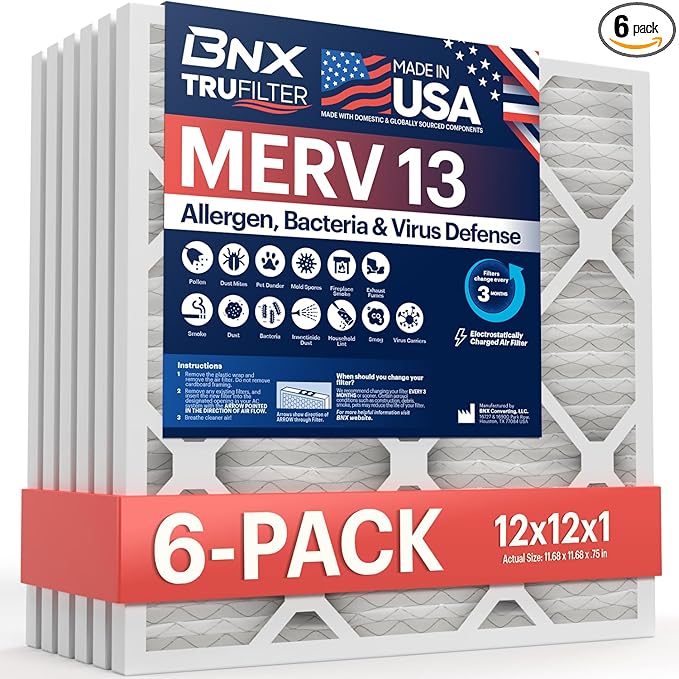 BNX TruFilter 12x12x1 Air Filter MERV 13 (6-Pack) - MADE IN USA - Electrostatic Pleated Air Conditioner HVAC AC Furnace Filters for Allergies, Pollen, Mold, Bacteria, Smoke, Allergen, MPR 1900 FPR 10
