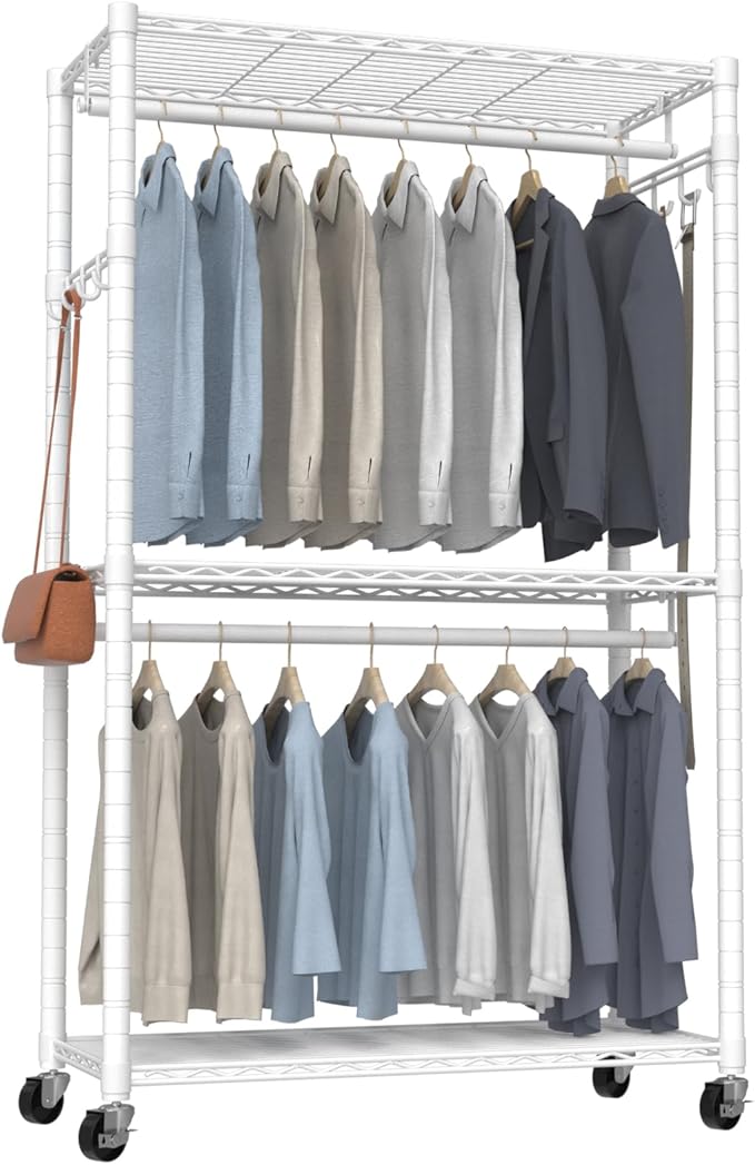 Clothes Rack, Clothing Rack for Hanging Clothes, 3 Tiers Adjustable Heavy Duty Closet Organizer with Wheels | Double Rods | Side Hooks | Load 445lbs | 35.43" L x 15.7" W x 78.34" H | White