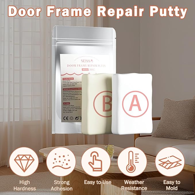 SEISSO Epoxy Putty Filler for Door Frame Repair, 200g/7.05 Oz Fast Repair AB Epoxy Putty, Wood Repair Putty for Cracks, Holes, Wooden Furniture, Cabinets & Composite Panels, Paintable & Stainable