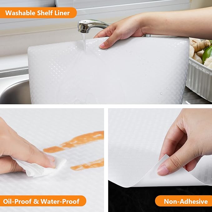White Shelf Liner Kitchen Cabinet Liners Refrigerator Liners Waterproof & Oil-Proof Kitchen Cupboard Liner Drawer Mats EVA Material Non Adhesive Washable Fridge Liner for Shelves 35.4 x 236.2 Inches