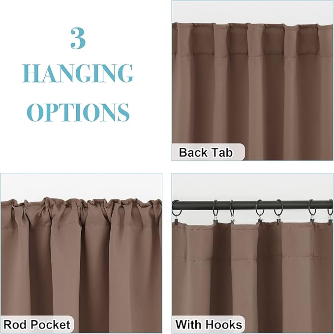 RYB HOME Blackout Curtains for Kitchen, Thermal Insulated Window Curtains and Drapes Back Tabs Room Darkening Shades for Studio Dorm Loft, Mocha, W42 x L63 inch, Set of 2 Panels