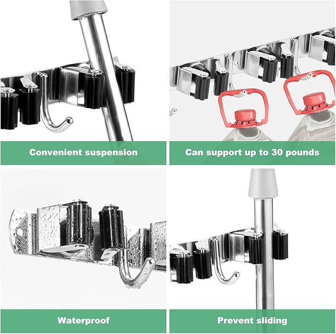 3Pcs 5 Racks 4 Hooks Stainless Steel Broom Mop Holder Anti Slip Wall Mount Broom Storage Rack Strong Load Bearing Waterproof Mop Broom Organizer for Bathroom Kitchen Garage
