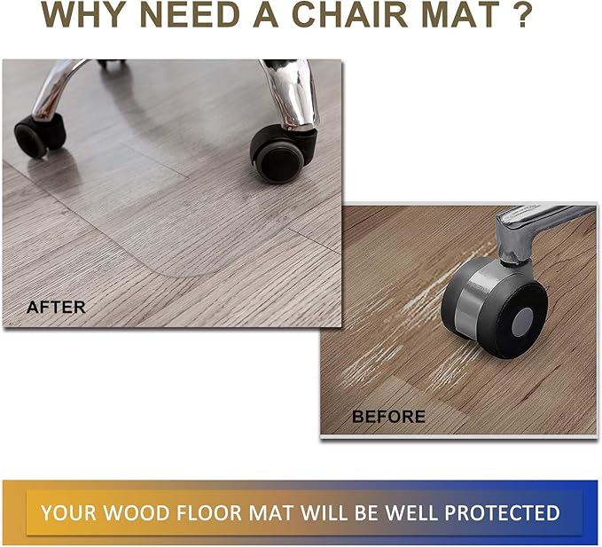 Office Chair Mat for Hardwood Floor, 48”x 30” Vinyl Desk Chair Mat Clear Floor Protector Mat for Rolling Chair Office & Home, Easy Glide and Flat Without Curling