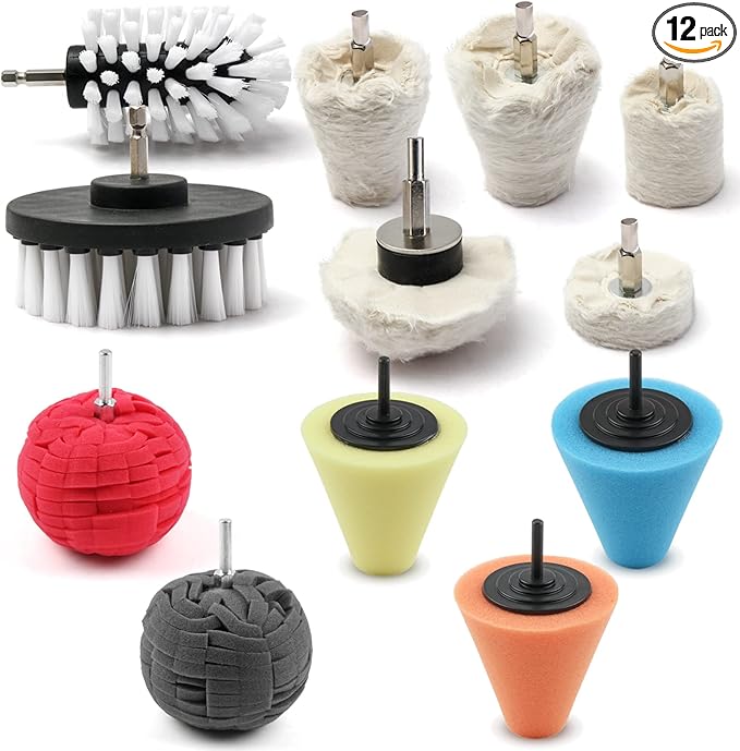 Polishing Pad Buffing Wheel Kit 12 Pack, Polishing Ball for Drill,for Car Care Metal Aluminum Stainless Steel Chrome Wood Plastic Ceramic Glass Woods Fabric Cotton Machine Jewelry