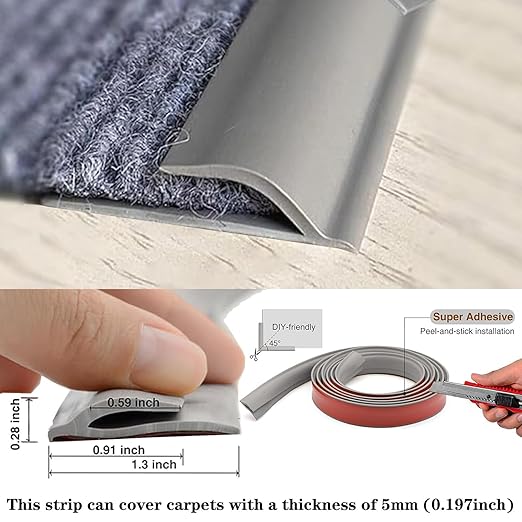 Self Adhesive Carpet Transition Strip with Edge Trim, Designed for Seamless Transitions from Carpet to Tile or Vinyl Floors, Perfect for Doorways.(Gray,30ft)