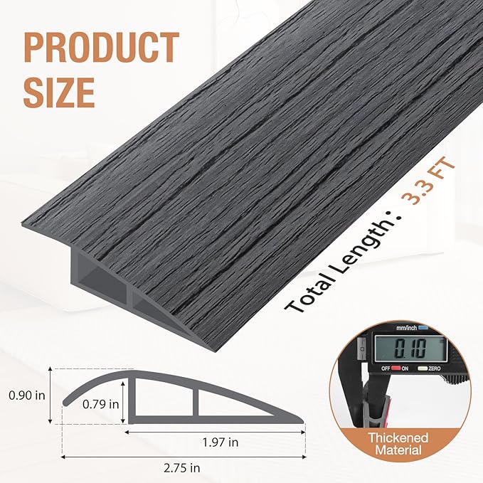 Floor Transition Strip Self Adhesive Vinyl Door Threshold for Doorways Carpet Edging Trim Overlap Edge Reducer for Laminate Floor, Carpet, Tile (Deep Gray Wood Grain, 3/5" to 4/5", 3.3Ft)