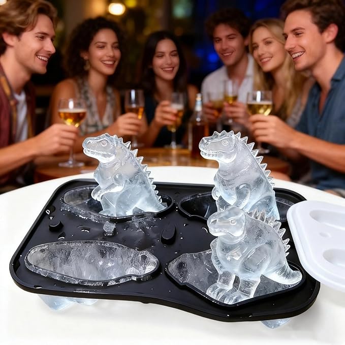 7.48inch Newly Upgraded 4-grid 3D Dinosaur Ice Tray and Covered Silicone Ice Tray, Suitable for Bars, Outdoor and Home Use (1, yellow)