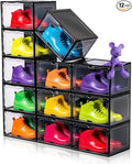 12 Pack Black Shoe Boxes Stackable,Large Shoe Storage Organizer with Magnetic Door,Drop Side Shoe Containers for Entryway,Sneaker Storage Fit up to US Size 12 for Men/Women(13’’x 10.62”x 8.26”