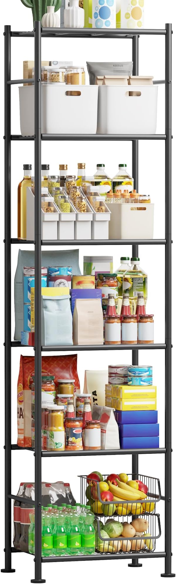 Storage Shelves - 6 Tier Shelf Organizer, Sturdy Metal Garage Shelving with Adjustable Leveling Feet, Space-Saving Shelves Organizer for Pantry, Laundry, Kitchen (18" x 12" x 70", Black)