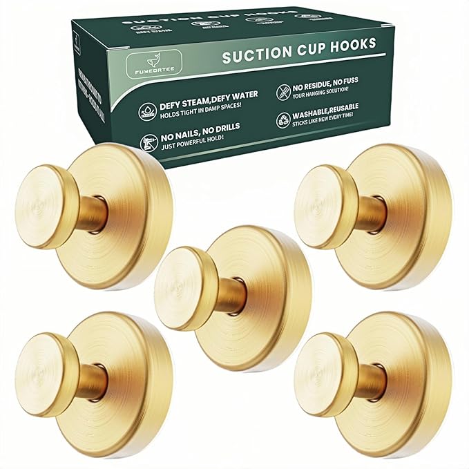 2025 Upgraded Stainless Steel Heavy Duty Suction Cup Hooks for Shower Bathroom Accessories Removable Hook for Glass Window Door Wall Hooks for Hanging Towels Robes Wreaths (Pack of 5, Gold)