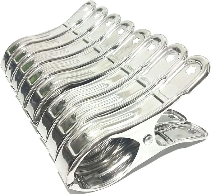8 Pack Stainless Steel Clothespins, 4.7 Inch Towel Clips for Beach Chairs，Giant Clothes Pins,Metal Clip - Keep Your Towel from Blowing Away, Suitable for Home Use/Beach Chairs on Cruise Ships