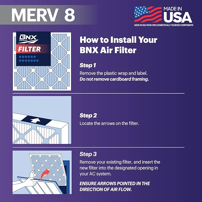 BNX TruFilter 20x20x1 Air Filter MERV 8 (6-Pack) - MADE IN USA – Dust & Pet Defense Electrostatic Pleated Air Conditioner HVAC AC Furnace Filters for Dust, Pet, Mold, Pollen MPR 600 – 700 & FPR 5