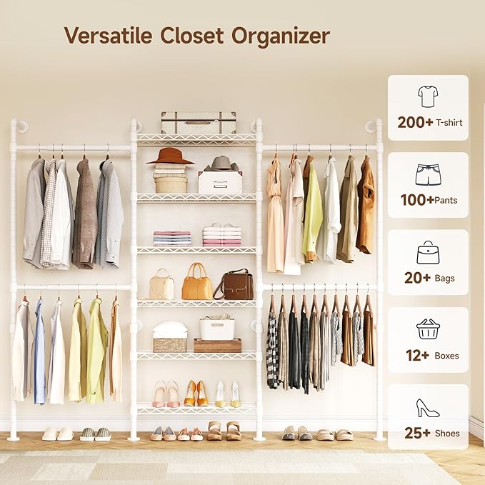 ONBRILL H3 Wall Mounted Closet System, Expandable Industrial Pipe Clothes Rack Clothing Rack for Hanging Clothes, Heavy Duty Closet Organizers and Storage in Wardrobe Closet, White
