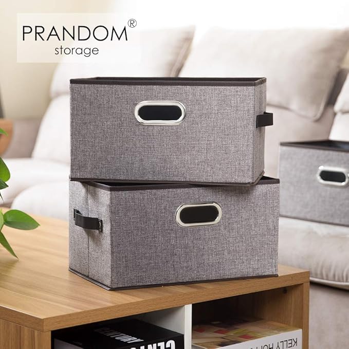 PRANDOM Fodable Storage Baskets for Closet [5-Pack] Decorative Fabric Storage Bins Cubes with Leather/Metal Handles for Shelves Bedroom Living Room Grey (11.5x8.5x6.7 Inch)