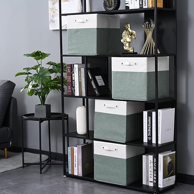 13 x 13 Inch Fine Linen Storage Bins with Handles，Fabric Cube Boxs，Collapsible Basket Organizers for Shelves for Home, Closet Drawers (White/Green-6 Pack)