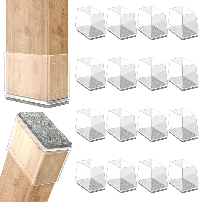 Rectangle Chair Leg Protectors for Hardwood Floors,16 PCS Silicone Covers to Protect Wood Tile Floors Felt Pads Furniture Leg Caps Reduce Noise. Easy to Move.(Clear,1 x 3 Inch,Rectangular)
