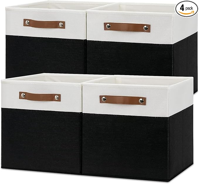 Temary Foldable Storage Cubes Set of 4 - Organizers with Handles, Decorative Storage Boxes for Home, Office (White&Black)