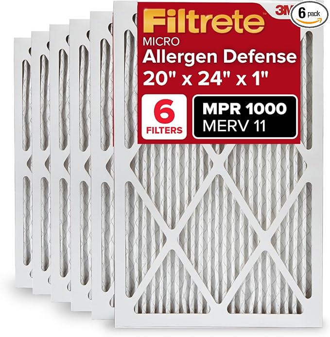 Filtrete 20x24x1 AC Furnace Air Filter, MERV 11, MPR 1000, Micro Allergen Defense, 3-Month Pleated 1-Inch Electrostatic Air Cleaning Filter, 6 Pack (Actual Size 19.81x23.81x0.81 in)