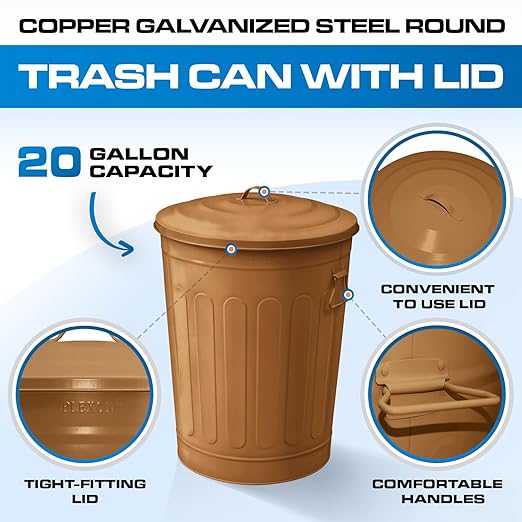 Plexon Round Trash Can 13 Gallon, Vintage Metal Outdoor Trash Can with Lid, Retro Farmhouse Garbage Container, Old School Modern Ash Bucket, Copper 2 Pack