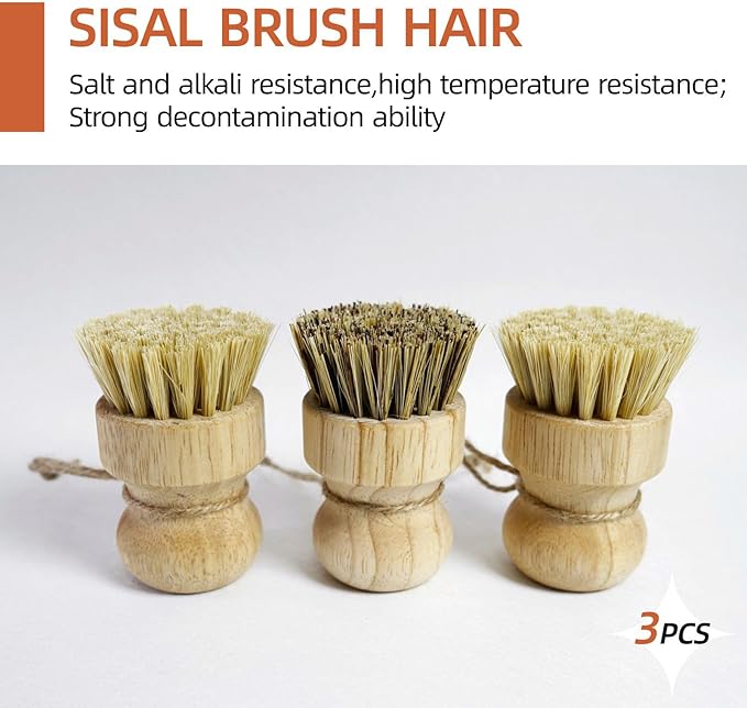 Bamboo Pot & Pan Cleaning Brush Set - 3 Pack Natural Dish Brushes Bamboo Scrub Dish Brushes, Durable Scrubber for Kitchen Pots, Pans, Vegetables & Fruit