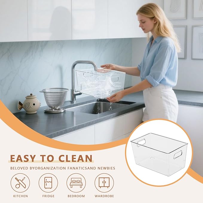 MOONEDGE 4-Pack Clear Plastic Storage Bins — Open-Top PET Organizers and Storage, 11" x 8" x 6" Storage Containers Ideal for Refrigerator, Pantry, Fridge Organization and Countertop Storage