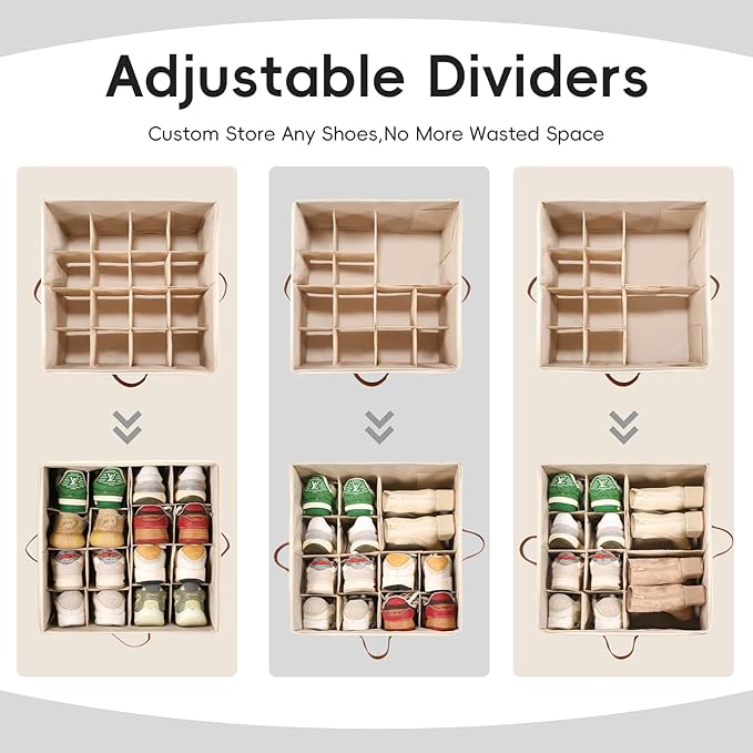 Shoe Organizer for Closet, 3 Pack Shoe Storage Bins with Clear Cover, Adjustable Dividers Fits 24-48 Pairs, Beige