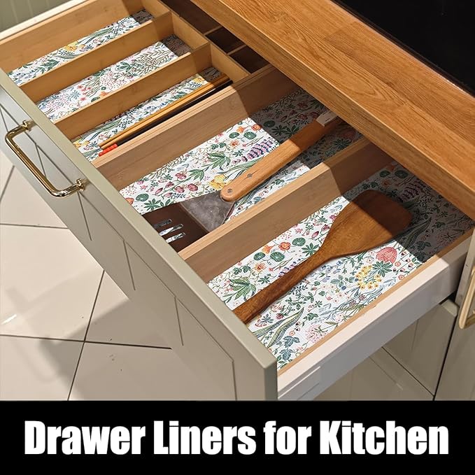 Floral Shelf Drawer Liners, 12IN x 20FT Non Adhesive and Strong Non-Slip Thickened Colorful Cabinet Drawer Shelf Liners for Kitchen Wire Fridge, Waterproof Cabinet Liner,Easy to Clean,