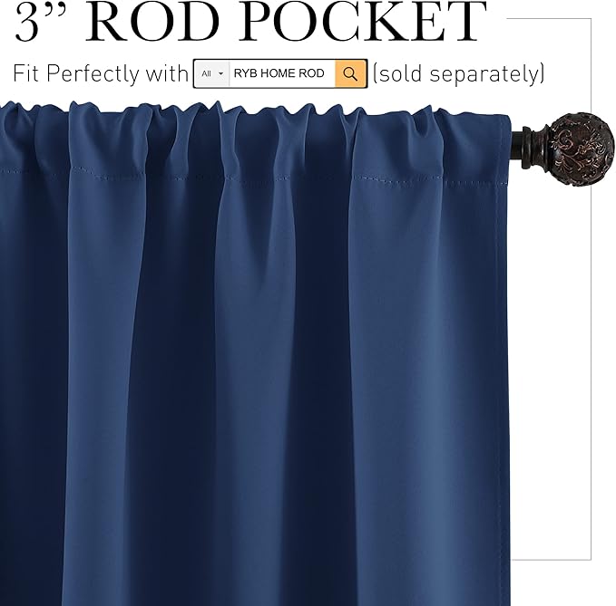 RYB HOME 45 inch Length Curtains for Kitchen, Room Darkening Narrow Window Drapes Thermal Insulated Privacy Covers for Basement RV Camper, W 34 x L 45 inch, Set of 2, Navy Blue