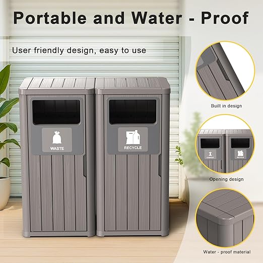 ROJIK 35" Tall Outdoor Trash Can,Weatherproof Resin Garbage Indoor Durable Lightweight,Suitable for Patio Office Kitchen,Easy to Clean,Assemble(Waste&Recycle,Grey)
