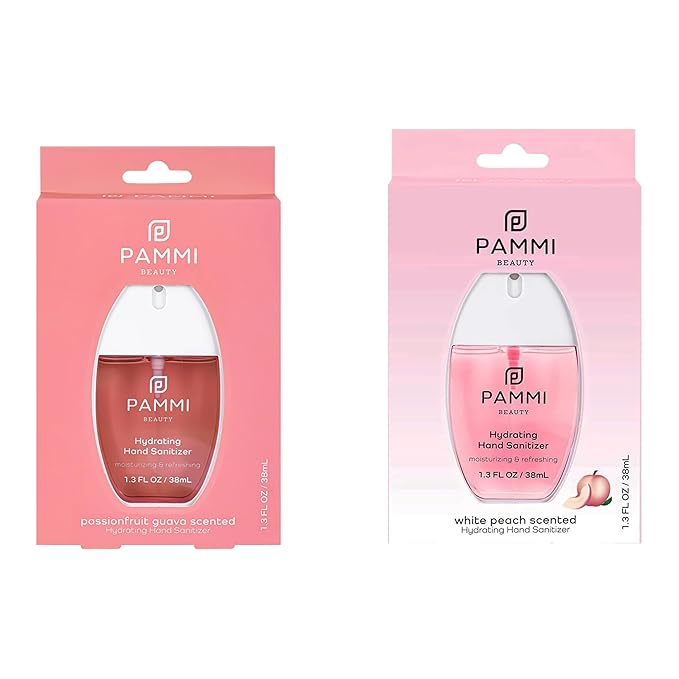 PAMMI Power Mist Hydrating Hand Sanitizer Spray, Portable Travel Size Pocket Hand Sanitizer, Scented Handsanitizer Mini Spray For Car - 600 Sprays (2 Packs (Guava and White Peach))