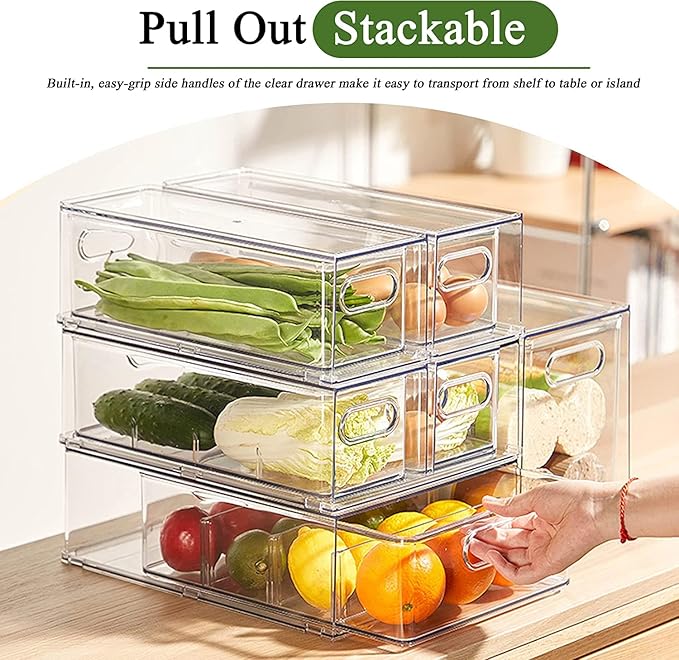 bealy 3 Pack Fridge Organizer and Storage,Clear Storge Bins with Pull-out Drawer, Fridge Drawers Clear Stackable Storage Bins Containers for Freezer, Refrigerator, Pantry, Kitchen