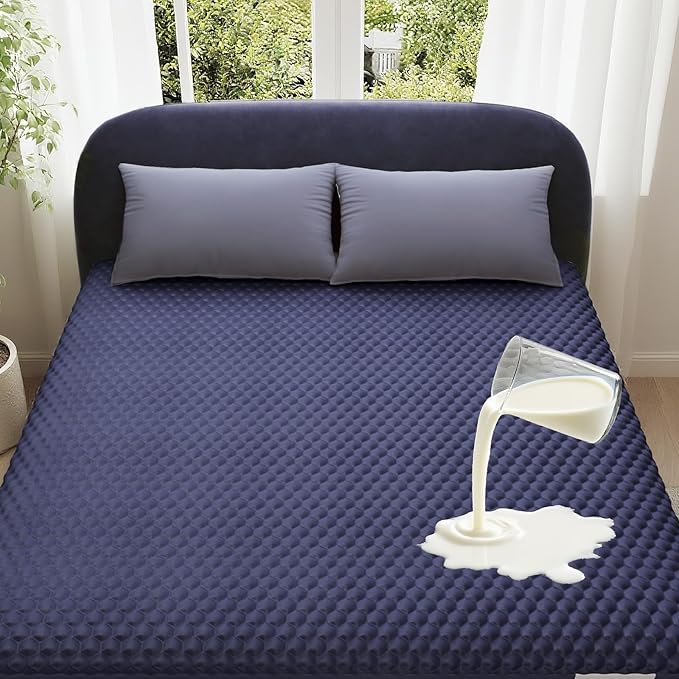 OhGeni 100% Waterproof Mattress Protector, King Size Mattress Pad, Fits 6"-20" Mattresses with Deep Pocket, Cooling, Breathable Fitted Sheets, Soft Bed Cover, Noiseless, Machine Washable(Navy Blue)