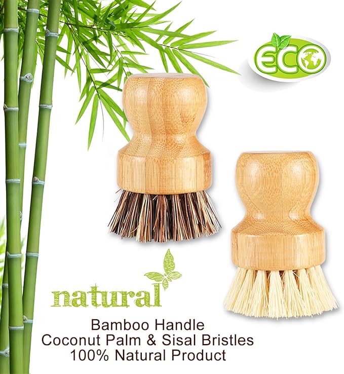 Bamboo Brush Dish Scrubber Clean Pan and Vegetable, Natural Bristles Palm Pot Brush 2 Pack Round Mini Dish Brush with 2 Ceramic Dish for Kitchen Sink Cleaning