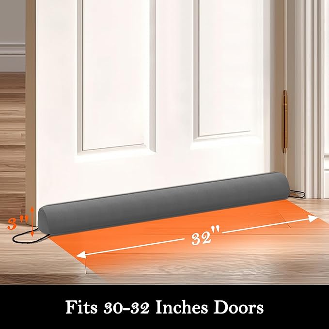 Sunolga 32" Door Draft Stopper Blocks Hot and Cold Air with Removable Washable Cover for Gaps Up to 3", All-Season Seal for Noise, Door Sweep for Bottom of Door and Window, Home Essentials, Gray