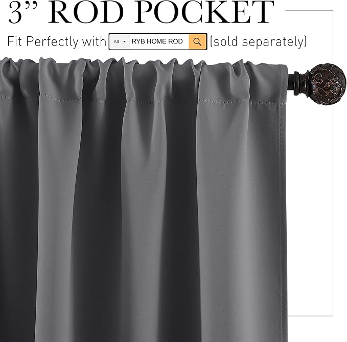 RYB HOME Blackout Curtains for Bathroom - Solid Light Block Blinds Privacy Light Block Drapes for Kitchen Cabinet Kids Nursery Bedroom Laundry Cafe Window Decor, W 29 x L 36, Grey, 1 Pair