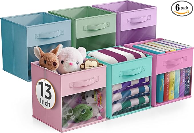 Sorbus 13 Inch Storage Bins with Clear Window - 6 Foldable Baskets for Organizing Clothes, Toys, Books - Sturdy Collapsible Fabric Storage Cubes with Handle - Storage Baskets for Shelves, Closets